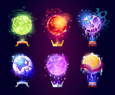 Magic crystal balls, energy spheres with light effect. Fantasy magician, sorcerer or fortune teller crystal orbs with shine, lightnings, fire and tentacles, vector cartoon illustration
