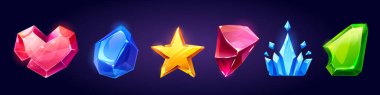 Cartoon set of game crystals isolated on background. Vector cartoon illustration of magic gem stones of heart, star, crown and abstract shape. Fantasy shiny diamond, ruby, emerald treasure assets