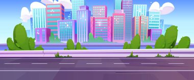 Cityscape vector background. Cartoon city downtown view with building and empty road landscape, trees, blue sky. Urban skyline on panorama illustration. Horizontal travel banner concept with highway.