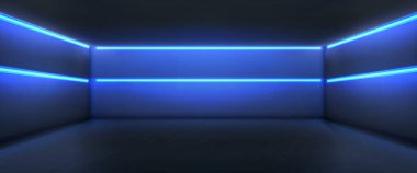 Empty dark room with blue walls and neon light lamps, 3D vector realistic background. Digital box studio for exhibition, inside view . Technology backdrop podium, futuristic show place