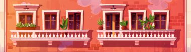 Vector vintage balkon binası ön cephesi, kapı ve pencere. Çizgi film arkaplan çizimi, duvardan duvar evi dış görünüşü. Retro apartman terasında saksı. Açık hava lambasıyla beyaz balustrade.