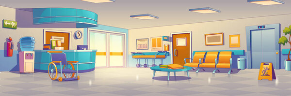 Hospital or medical clinic hall interior with reception counter, chairs, elevator doors, wheelchair, gurney and water cooler. Empty hospital corridor, vector illustration in contemporary style