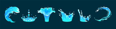 Liquid water splashes, falling aqua drops, sea or ocean waves and swirl. Blue water motion effects, flows, streams, spills and crown shape isolated on background, vector cartoon set