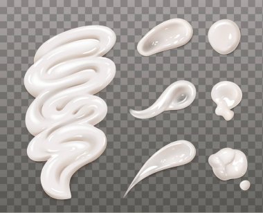 Cream smear, cosmetic sunscreen, lotion, white beauty skin care product strokes isolated set on transparent background. Foundation, body milk smudge smooth texture, Realistic 3d vector illustration