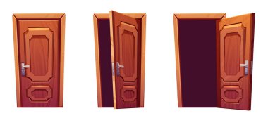 Cartoon set of open, closed classic wooden door isolated on white background. Vector illustration of brown doorway with knob and lock. Home or office interior design, furniture for room entrance