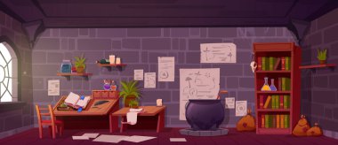 Alchemist laboratory, witch or wizard room with magic potions, books and cauldron. Magician alchemical lab interior with wooden furniture, flasks and plants on shelves, vector cartoon illustration