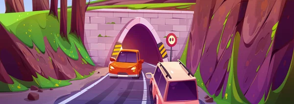 Vector Tunnel Road Mountain Oncoming Car Sign Highway Traffic Two — Vector de stock