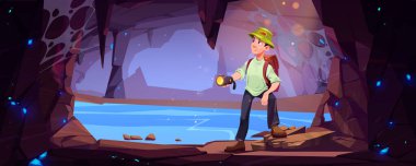 Hiker man travel in mountain cave. Concept of journey, trip adventure with tourist with backpack and flashlight in stone cavern with underground lake and crystals, vector cartoon illustration clipart