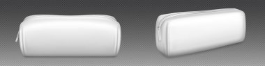 Set of white makeup bags with zipper for cosmetics, beauty tools. Realistic vector illustration of fabric or leather pouch mockup, side and angle view. Travel purse for toiletry and body care items