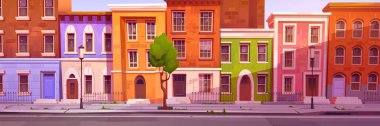 London street with houses and buildings in georgian style. British town real property exterior. Old residential buildings in Marylebone or Mayfair in London, vector cartoon illustration clipart