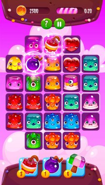 Mobile game app with funny jelly creatures. Vector cartoon illustration of cute slime faces with different emotions, alien gel characters, bomb, dynamite, score icons, ui screen buttons, progress bar