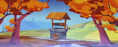 Autumn landscape with water well, trees and fields in rain. Rustic scene with old stone well with wooden roof and bucket, farm fields and river in fall, vector cartoon illustration