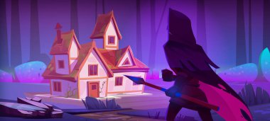 Dangerous man with spear approaching house in night forest. Vector cartoon illustration of stranger in medieval clothes walking to cozy building with weapon in hand. Home security protection concept