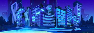 Futuristic smart night city, eco buildings with neon glowing. Future sustainable town cityscape, houses and offices with garden on rooftop and waterfall, dark trees and grass, pond vector illustration