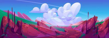 Green valley landscape with river under blue sky and white fluffy clouds. Vector cartoon illustration of countryside stony footpath running through summer field to lake water. Travel game background