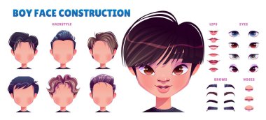 Asian boy avatar construction. Male kid face generator with head parts, different eyes, lips, noses, hairstyles, brows isolated on white background, vector cartoon set