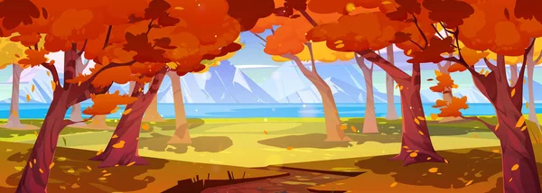 Forest autumn valley scene with lake, mountain. Nature panorama, fall landscape with river, meadows with orange grass, hills and rocks on horizon, vector cartoon illustration