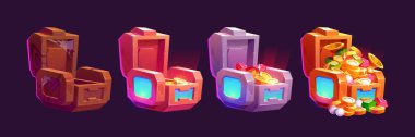 Futuristic game icons of boxes with money. UI elements with future technologies, sci-fi game loot boxes with gold coins and gemstones, vector cartoon illustration