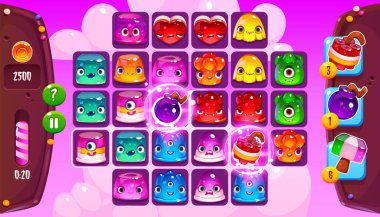 Match three game interface with icons of jelly candies. Mobile app background with cute slime characters in slots, time bar, bonus items and coins, vector cartoon illustration