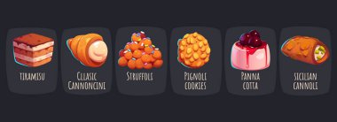 Set of delicious Italian desserts isolated on black background. Vector cartoon illustration of sweet cookies, pastry with cream, pies, tiramisu, panna cotta. Traditional bakery cafe menu in Italy