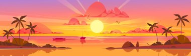 Sunset on beach in summer vector background. Sunrise on ocean island landscape cartoon illustration. Orange sky with cloud and palm. Tropic scene with boat silhouette in calm water.