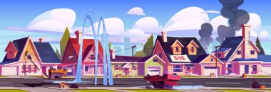 Destroyed derelict city street after war, earthquake, collapse, unrest. Old town landscape with houses and buildings ruins with boarded up windows and broken cars, vector cartoon illustration
