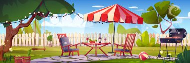 BBQ party on backyard. House patio with fence, furniture for picnic with barbecue, green grass and tree. Summer landscape of yard with table, umbrella, grill and swing, vector cartoon illustration