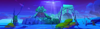 Atlantic underwater ocean game cartoon background of ruin. Undersea world cartoon adventure. Abandoned portal in aquarium on bottom. Fantasy artifact to explore. Nautical mysterious landscape.