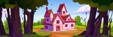 Summer landscape with forest and village house. Nature scene with countryside cottage, garden with trees and bushes with green foliage, brown sandy road, vector cartoon illustration