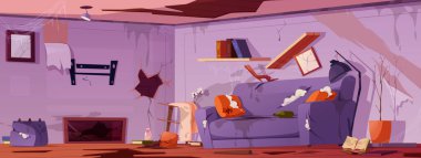 Cartoon vector background with old dirty living room. Abandoned house with messy furniture and torn sofa with stain. Disaster at home with garbage. Untidy apartment with crack on wall.