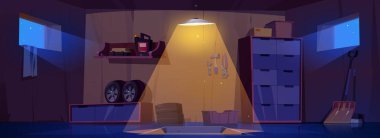 Cartoon garage interior design at night. Vector illustration of dark auto repair shop with pit illuminated by lamp light, instruments on wall, car tyres on shelf and box with equipment on floor