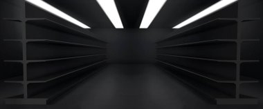 Realistic dark supermarket interior at night with empty shelves. Vector illustration of shop, market or warehouse furniture for goods display, lamps on ceiling. Bankrupt business showcase stands