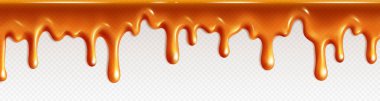 Realistic isolated caramel dripping cream. Vector melt candy syrup pattern. Liquid toffee flow illustration on transparent background. Fluid sticky maple frame border decoration.