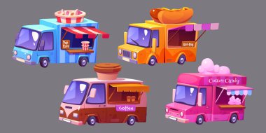 Cartoon set of retro street food trucks isolated on background. Vector illustration of pop corn, hot dog, coffee and cotton candy snack vans. Restaurant on wheels. Meal delivery and catering service