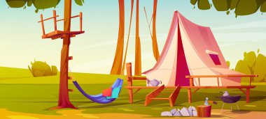 Cartoon camp with tent and hammock, grill. Vector illustration of green natural landscape with stones, green grass and trees, equipment for outdoor picnic. Glamping leisure activity for weekend