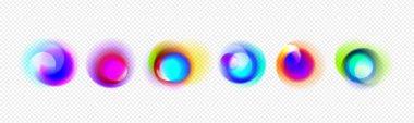 Realistic set of radial gradient spots isolated on transparent background. Vector illustration of rainbow color dots, light refraction effect, holographic blurred circles. Abstract design elements