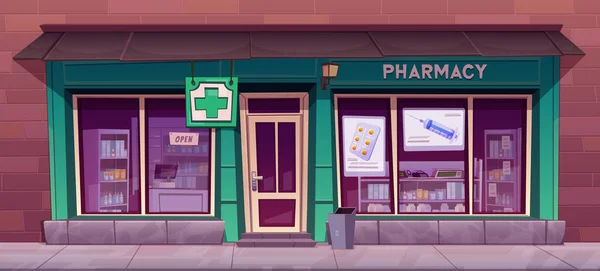 Πρόσοψη Φαρμακείου Ιατρικό Κατάστημα Κτίριο Εξωτερικό Σταυρό Πινακίδα Φαρμακείο Διάνυσμα — Διανυσματικό Αρχείο