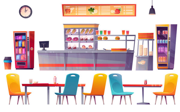 Cafeteria, school canteen interior set with food on shelves, counter, tables, chairs, fridge and vending machine. Furniture for cafe, restaurant or office canteen, vector cartoon illustration