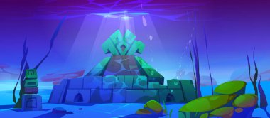 Atlantis ruins underwater in sea or ocean. Ancient city buildings deep under water. Sea bottom landscape with sunken old stone monuments, vector cartoon illustration