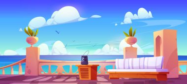 Hotel balcony or terrace with view on mediterranean sea. Summer landscape of sea beach with house veranda or patio with white balustrade, sofa and table, vector cartoon illustration