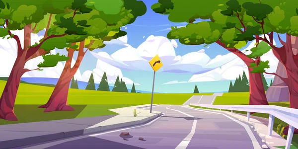 Mountain valley landscape with highway road, forest, trees and green grass. Countryside scene with empty asphalt road, fields, pines, sign and clouds in sky, vector cartoon illustration