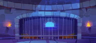 Dark medieval castle dungeon cartoon background. Empty prison cell interior at night in vector. Fantasy game illustration with ancient jail with window. Locked gaol indoor with bed and steel chain.