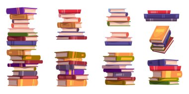 İzole kitap yığını çizimlerinin vektör kümesi. Okul kütüphanesi koleksiyonu için uzun bir kitap yığını. Eğitim için edebiyat. Yığınlanmış sözlük ve bilim yayınları kulesi.