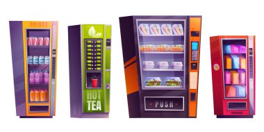 Set of isolated vending machine with snack, candy and tea vector cartoon illustration. Dispenser device sell soda, water and healthy lunch. Push button to receive salad, sandwich or cookies. clipart