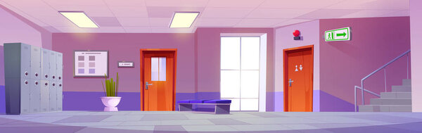 Empty school hall with locker, stairs and exit signboard cartoon background. Vector illustration of office hallway interior design with toilet door. Modern university lobby indoor scene.
