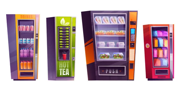Set Isolated Vending Machine Snack Candy Tea Vector Cartoon Illustration — Stockový vektor
