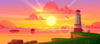 Lighthouse on sea coast. Summer sunset landscape of ocean beach with beacon, building on cliff. Vector cartoon illustration of seascape with nautical navigation tower. Ocean shore with light house