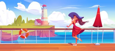 Cartoon vector sea landscape illustration with lighthouse and girl. Coast near island on cliff with house. Sky and ocean scene view background with umbrella. Summer nautical tourism near harbor.