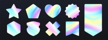Holographic iridescent texture sticker or label, pearlescent rainbow or unicorn blur badge with soft pastel colors, vector stamp with gradient ombre neon effect, shield, star shape price or sale tag