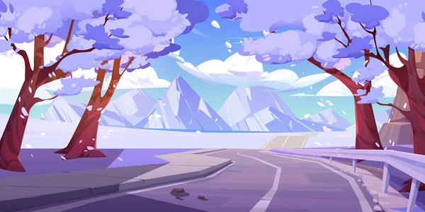 Mountain valley winter landscape with highway road, forest, snowy trees and white fields. Nature scene with empty asphalt road, rocks on skyline, clouds in blue sky, vector cartoon illustration